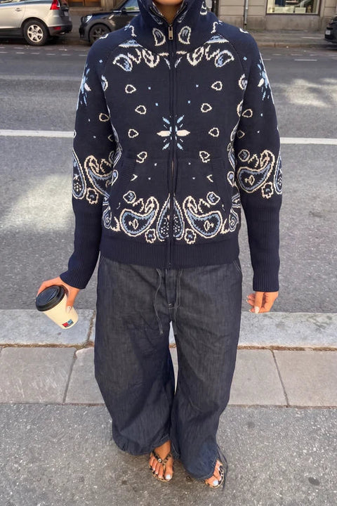 Paisley Motif Stand-Collar Cardigan