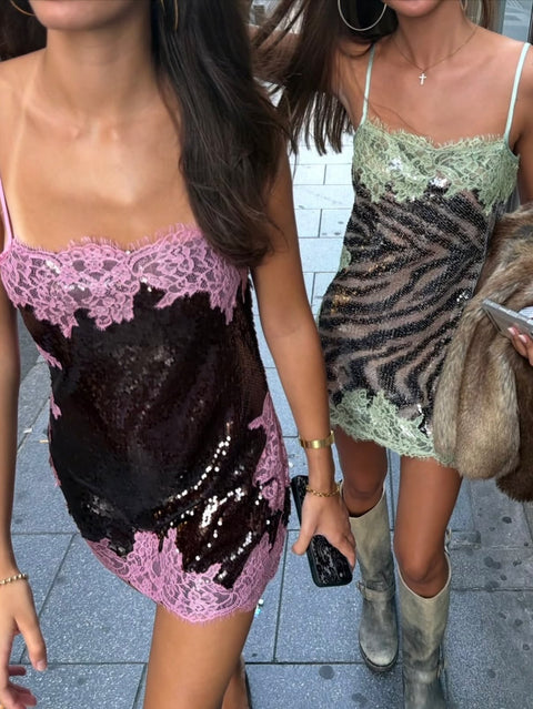 Contrast Lace Sequin Cami Dress
