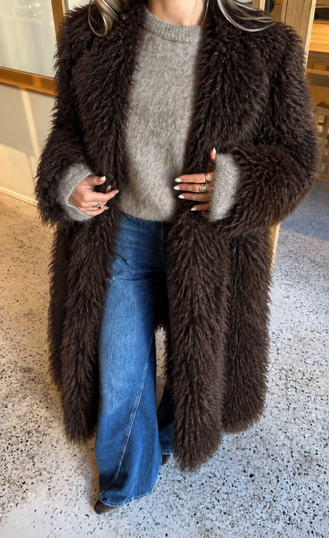 Chocolate Shaggy Faux Fur Maxi Coat