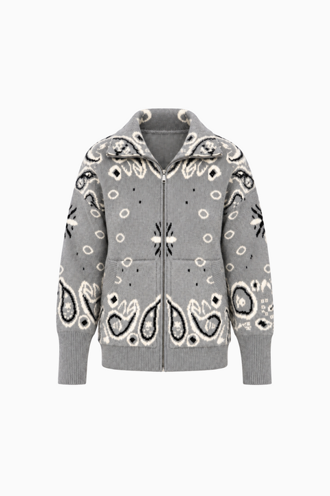 Paisley Motif Stand-Collar Cardigan