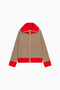 Camel Cardigan with Red Ribbed Trim