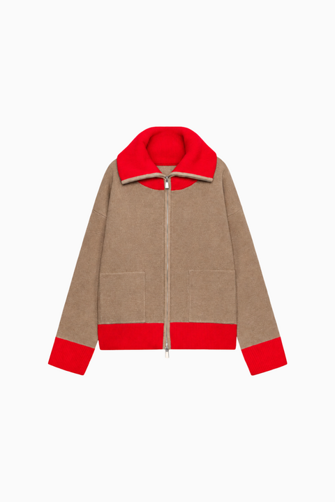 Camel Cardigan with Red Ribbed Trim