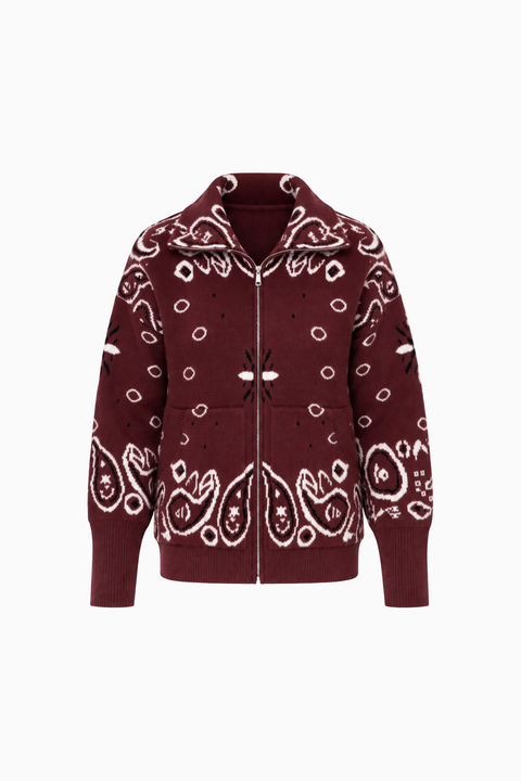 Paisley Motif Stand-Collar Cardigan