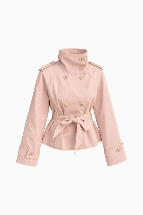 Coquette Pastel Pink Tie-Waist Cropped Trench Jacket