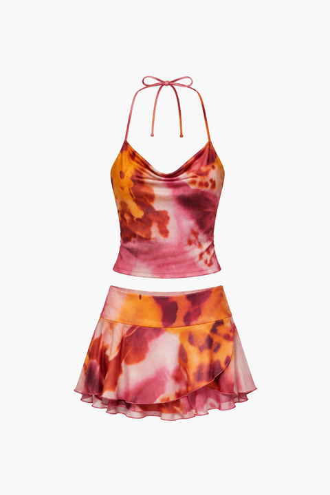 Conjunto de duas peças em malha com estampado tie-dye ao pôr do sol