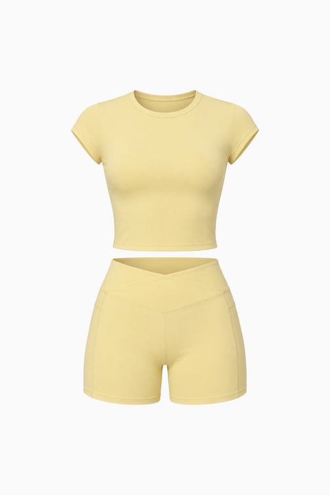Crossover Waist Biker Shorts Workout Set