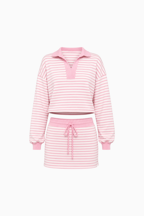 Striped Polo Sweatshirt and Mini Skirt Set