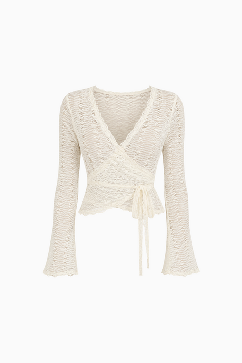 Crop top boho color crema in pizzo con scollo a V e laccetto incrociato