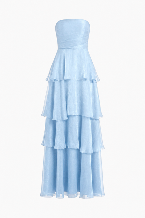 Vestido comprido azul-marinho sem alças com folhos em camadas