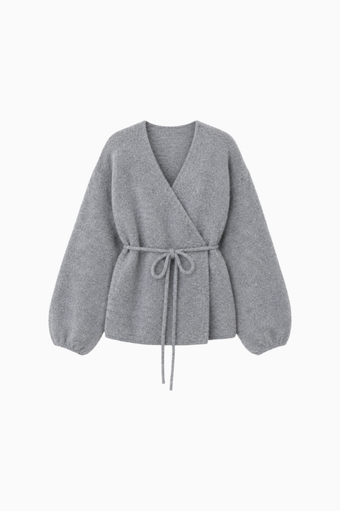 Grey Belted V-Neck Cardigan
