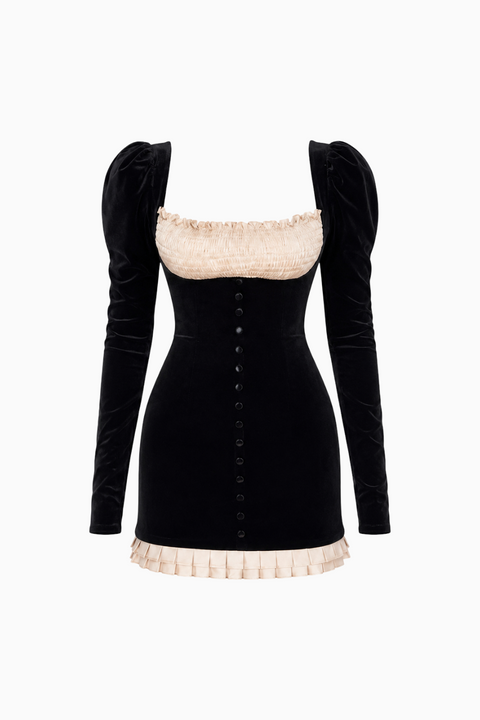 Schwarzes Mini-Kleid aus Samt mit kontrastierenden Rüschen