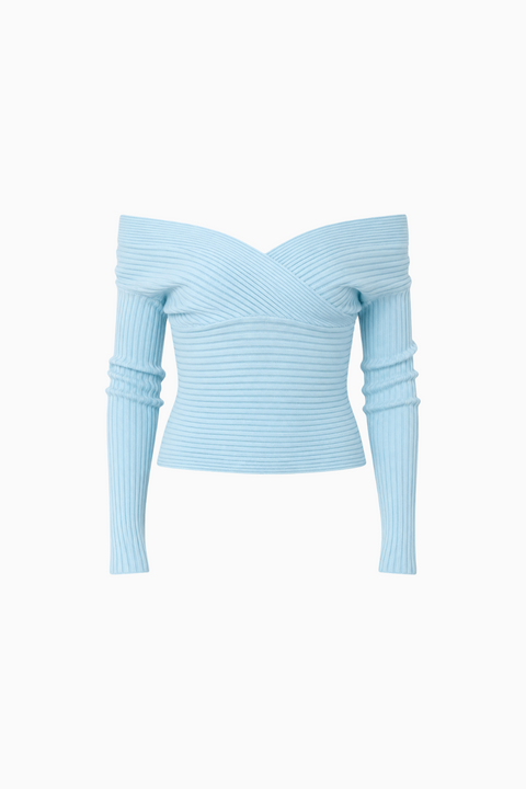 Top corto in maglia a coste azzurro chiaro con spalle scoperte