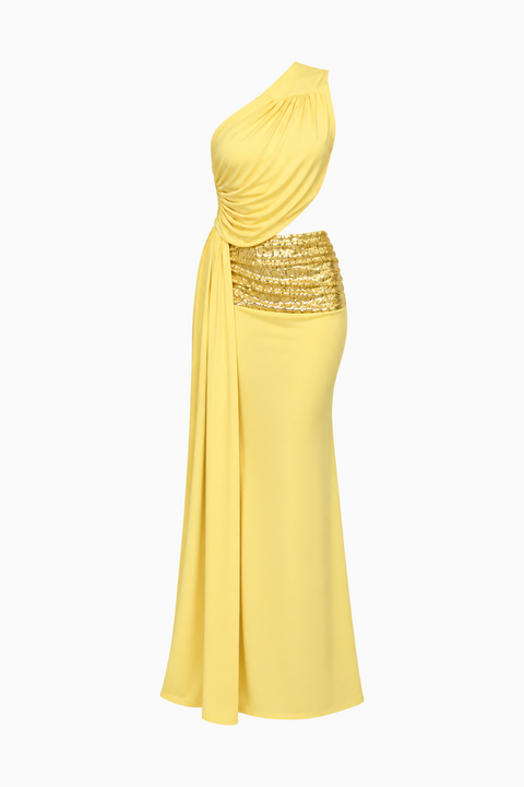 Zitronengelbes gerafftes Kleid mit Pailletten-Details