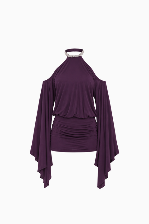 Draped Batwing Sleeve Embellished Backless Party Dress