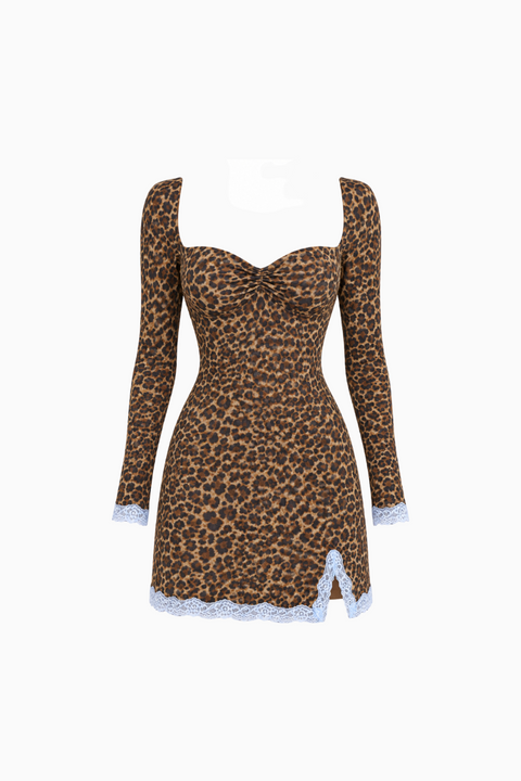 Mini vestido de manga comprida com padrão de leopardo e acabamentos de renda