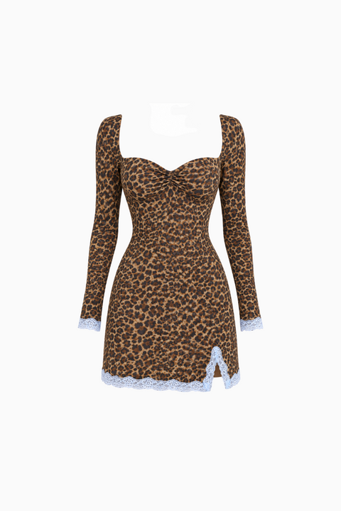 Mini-robe léopard à manches longues bordée de dentelle