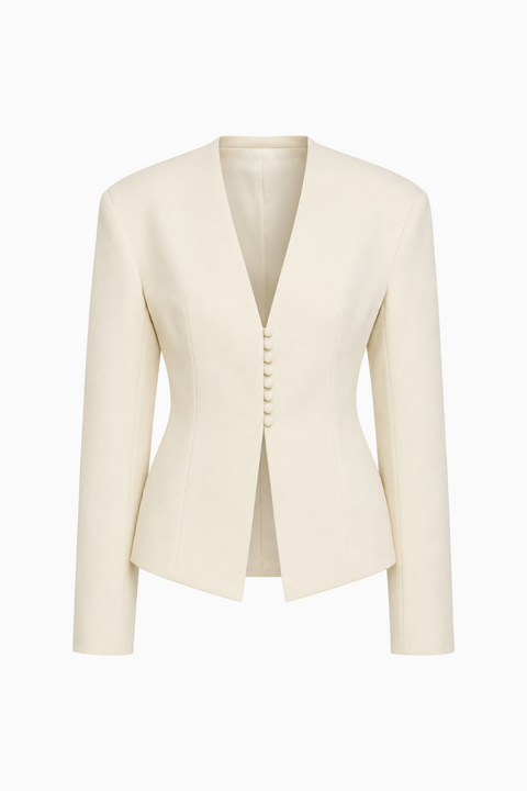 Blazer avorio strutturato senza colletto con scollo a V profondo