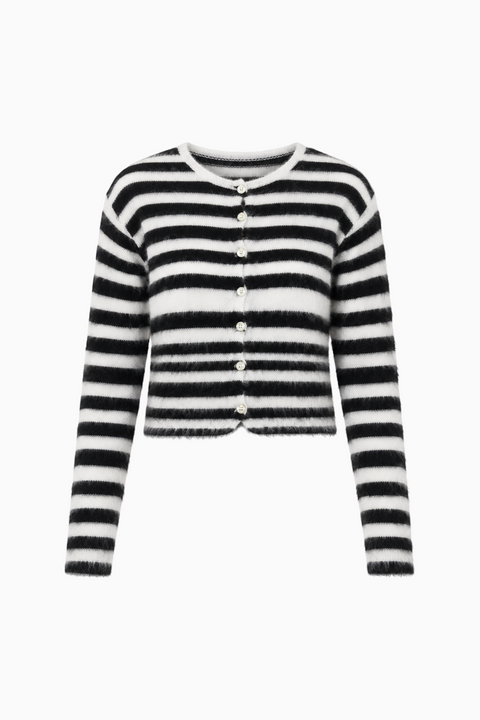 Fuzzy Black and White Striped Cropped Cardigan