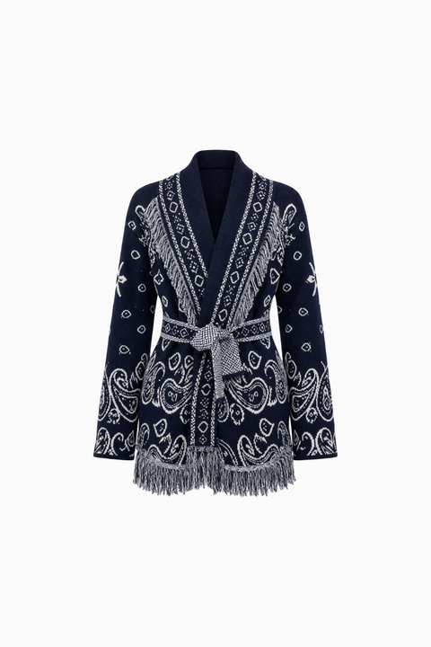 Cardigan con stampa western e cintura da annodare in vita