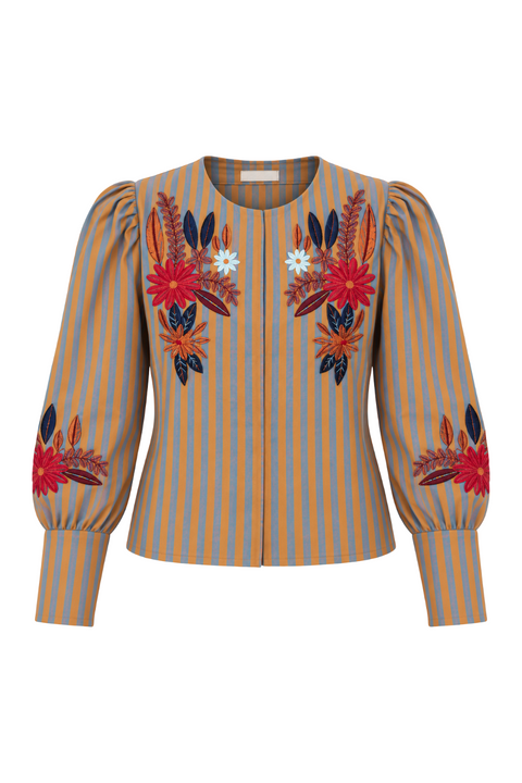 Veste ouverte à rayures et broderies florales