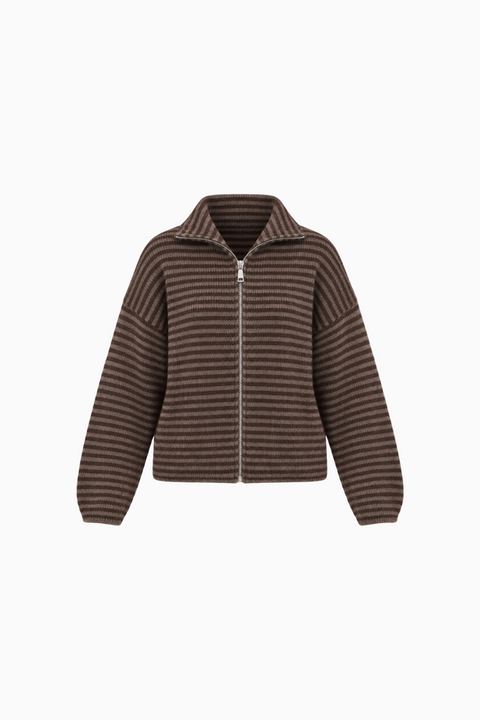 Brown Striped Funnel-Neck Zip Cardigan
