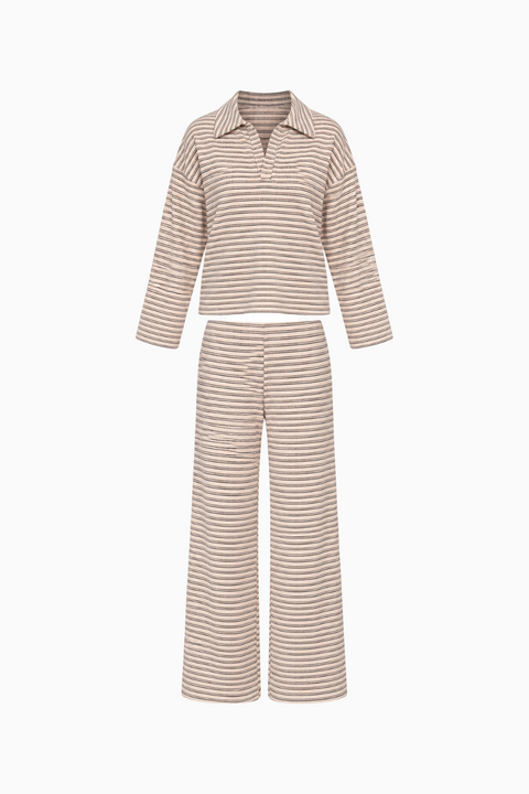 Striped Collared Long Sleeve and Wide Leg Pant Set