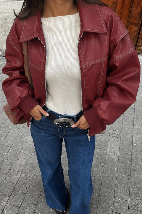 Oversized Crimson Contrast-Stitch Bomber Jacket