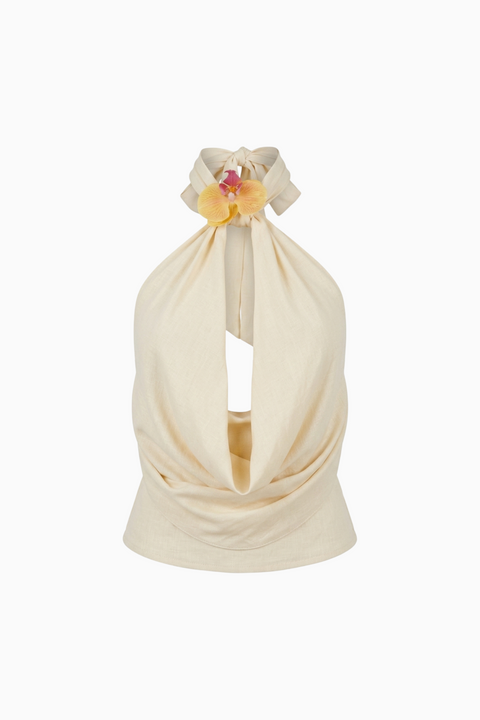 Top de alças com decote halter e gola drapeada creme