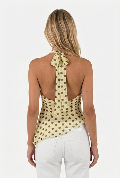 Top amarelo de chiffon com bolinhas e decote halter