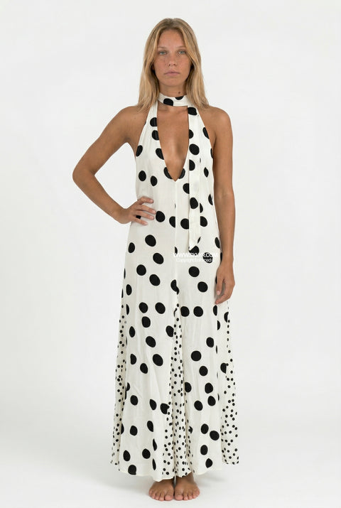Robe longue dos nu à pois blancs