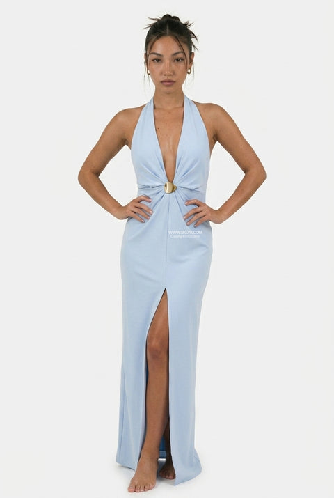 Abito maxi azzurro chiaro all'americana con spacco frontale