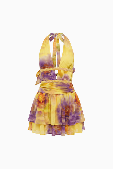 Robe courte dos nu avec découpes et imprimé coucher de soleil vibrant