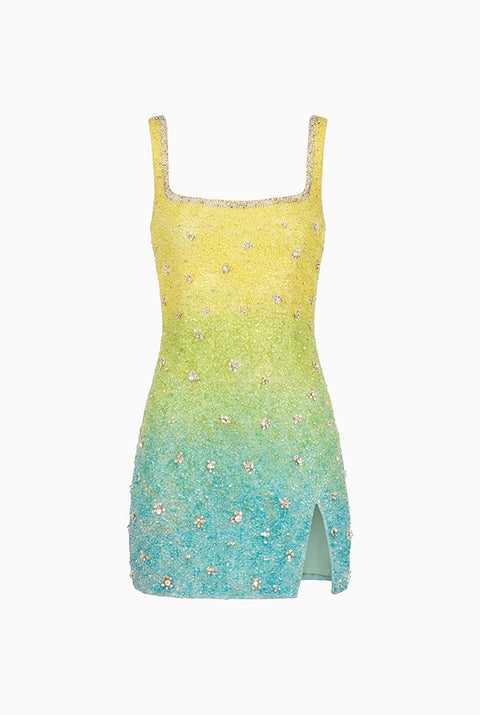 Miniabito sfumato giallo e verde petrolio con decorazioni