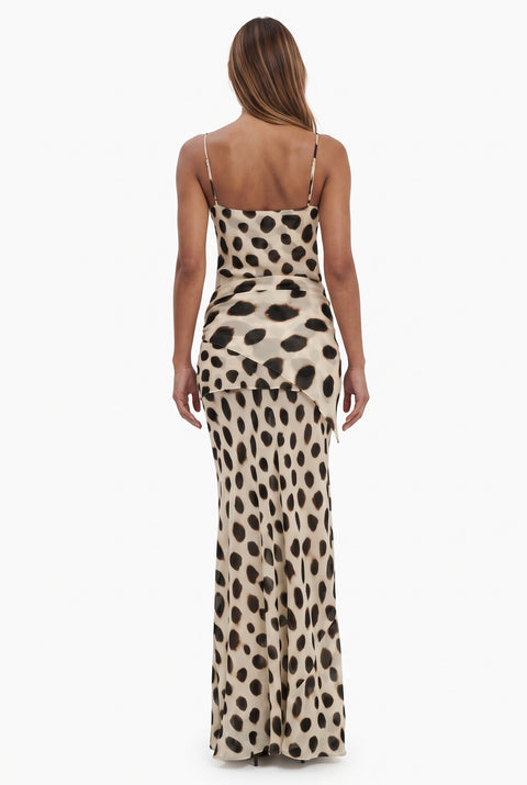 Vestido maxi às manchas com cintura ajustável e corte fluido