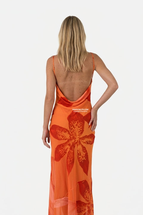 Vestido comprido pêssego, transparente e de atar ao pescoço