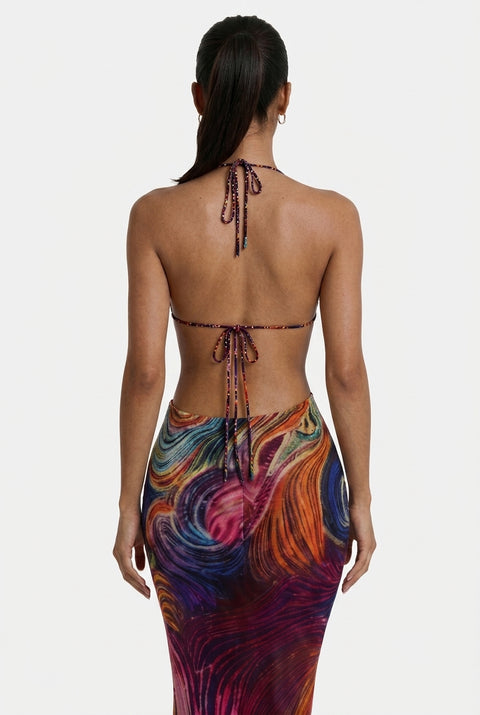 Abstraktes psychedelisches Mesh Neckholder Maxikleid