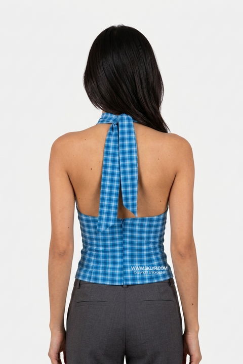 Haut dos nu tartan bleu rétro