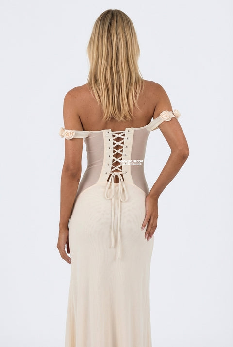 Elfenbeinfarbenes, fließendes Maxikleid mit Blumenmuster