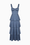 Vestido comprido azul-acinzentado com folhos em camadas