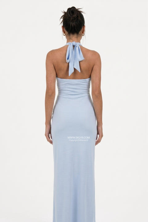 Abito maxi azzurro chiaro all'americana con spacco frontale