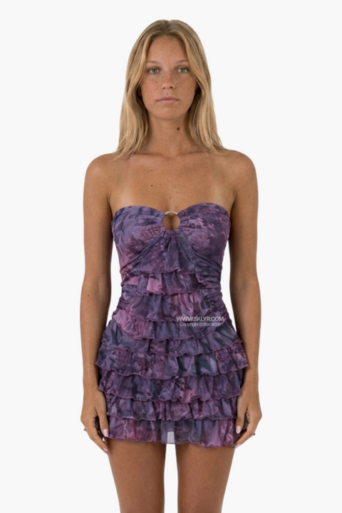 Vestido mini roxo floral sem alças com folhos