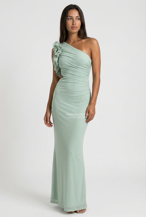 Brown One-Shoulder Ruffle Cutout Maxi Dress