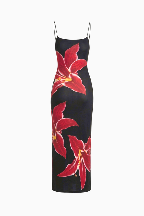 Robe longue à fleurs rouges sur fond noir