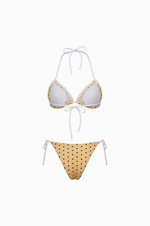 Bikini à volants à pois jaunes à nouer sur les côtés