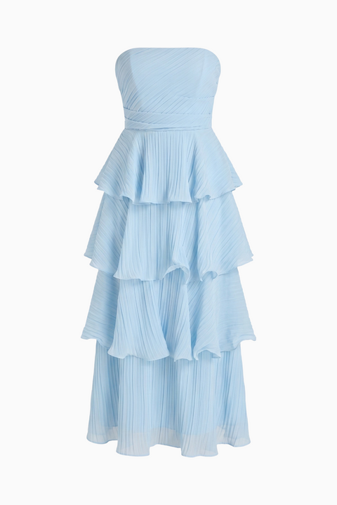 Vestido elegante sem alças com folhos em camadas
