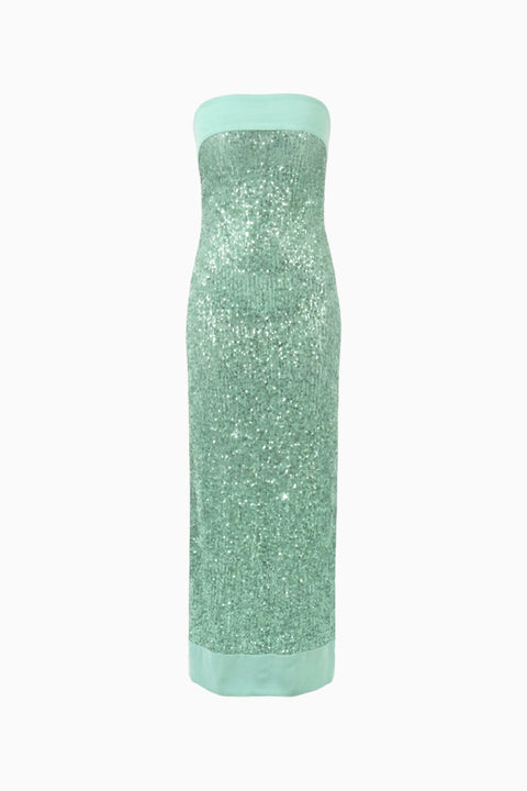 Abito lungo senza spalline con paillettes color menta