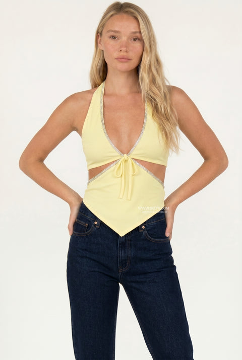 Gelbes geripptes Neckholder-Top mit Cut-Outs