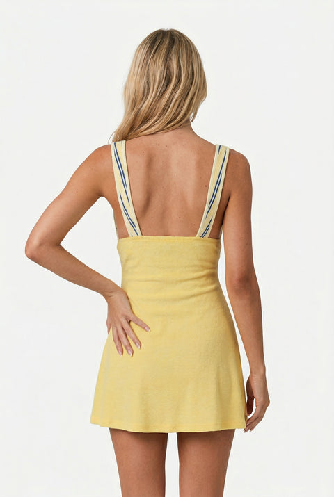 Vestido mini às riscas e amarelo, em patchwork, com decote em V profundo