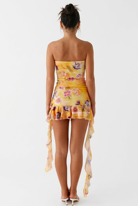 Robe bustier courte à volants florale jaune
