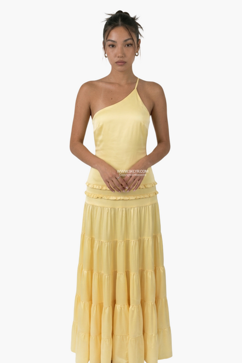 Zitronengelbes Satin-Maxikleid mit One-Shoulder-Träger